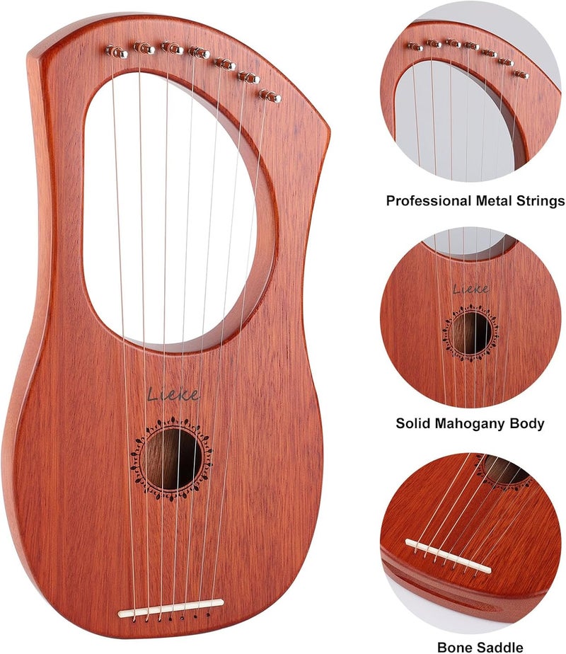 LIEKE 7 String Lyre Harp Instrument with Tuning Wrench,Metal Strings,Bag, Mahogany Body and Bone Saddle,Lyre Harp Kit Gift for Kids Adults Beginner - Image 3